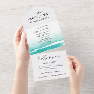 Wasserfarbe Strand Karibik Zielhochzeit All In One Einladung
