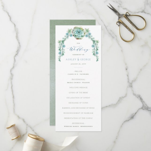 Wasserfarbe Sukkulente Blume Arbor Garden Hochzeit Programm (Vorderseite/Rückseite Beispiel)