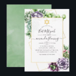 Wasserfarbe Sukkulente geometrische Bat Mitzvah Einladung<br><div class="desc">Trendy Sukkulenten schlagen Mitzvah Einladung mit goldenem geometrischem Rahmen und eleganter Handschrift Typografie.</div>