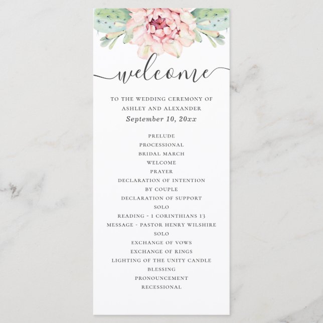 Wasserfarbe Sukkulente Hochzeit. Rosa Blütenkaktus Programm (Vorderseite)