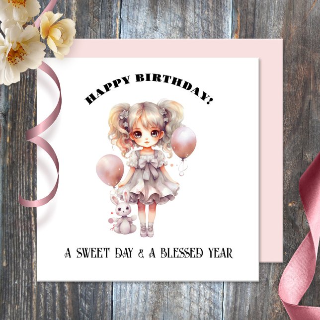 Wasserfarbe Sweet Doll Girly Happy Birthday Card Karte (Birthday card featuring a watercolor painting of a cute girl with a sweet bunny doll)