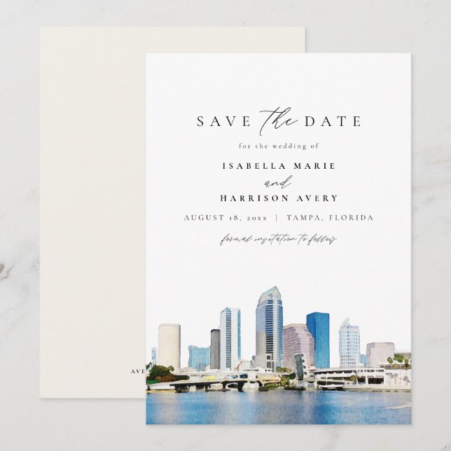 Wasserfarbe Tampa Florida Skyline Save the Date Einladung (Vorne/Hinten)