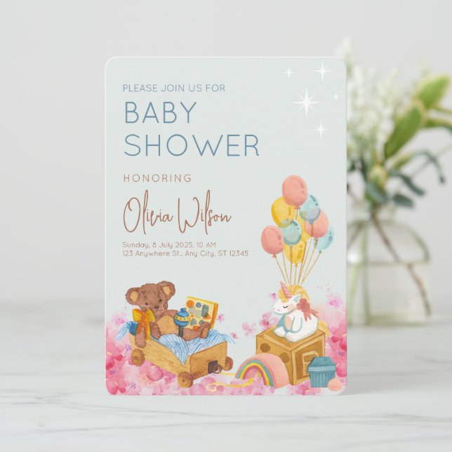 Wasserfarbe Teddy Bär mit Ballon Oh Baby Dusche Einladung (Stehend Vorderseite)