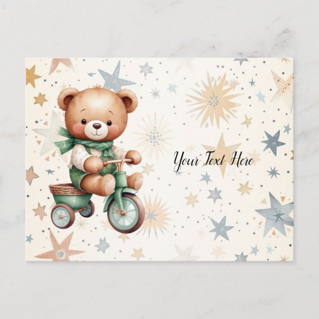 Wasserfarbe Teddy Bären Sterne Green Bike Schönes Postkarte (Vorderseite)