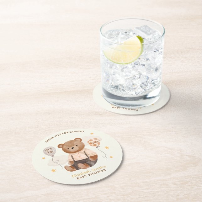 Wasserfarbe Teddy Bear Baby Dusche Runder Pappuntersetzer (Vor Ort)