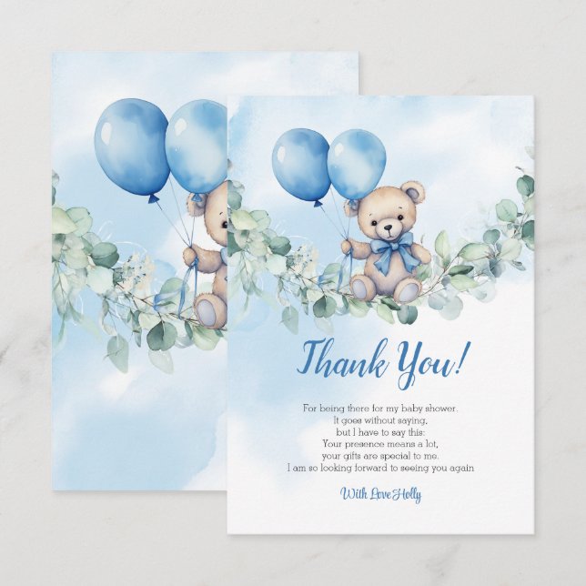 Wasserfarbe Teddy Bear Blue & Balloon Babydusche Dankeskarte (Vorne/Hinten)