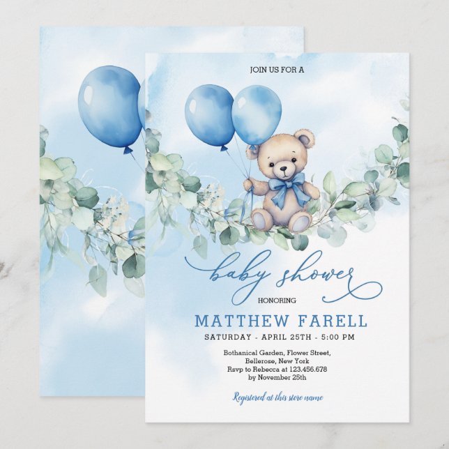 Wasserfarbe Teddy Bear Blue & Balloon Babydusche Einladung (Vorne/Hinten)