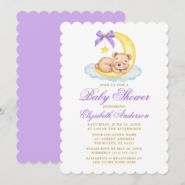 Wasserfarbe Teddy Bear Moon Babydusche Lila Einladung (Vorne/Hinten)