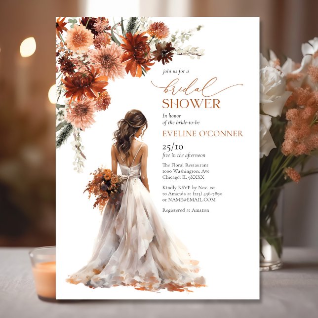 Wasserfarbe Terracotta Fall Blume Hochzeitskleid Einladung (Watercolor terracotta fall flowers wedding gown invitation)