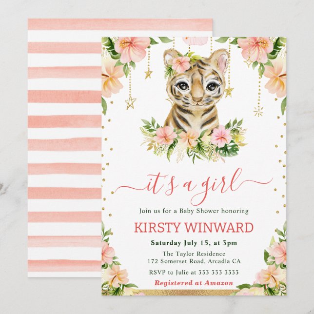 Wasserfarbe Tiger Cub Girl Babydusche Einladung (Vorne/Hinten)