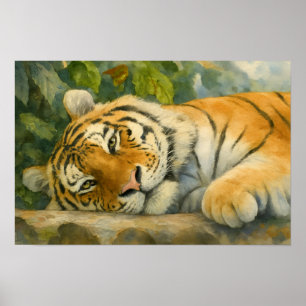 Wasserfarbe Tiger Ruhen in üppiger Vegetation Poster