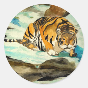 Wasserfarbe Tiger Runder Aufkleber