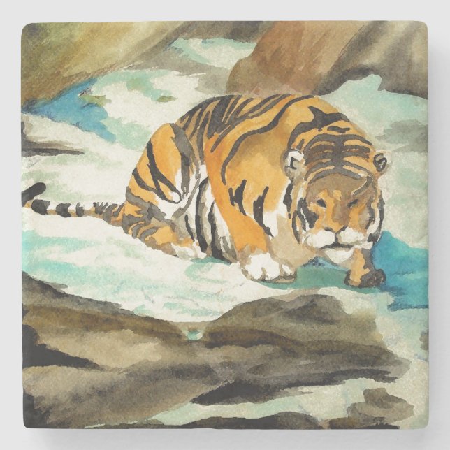 Wasserfarbe Tiger Steinuntersetzer (Vorderseite)