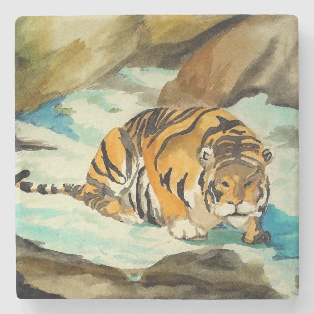 Wasserfarbe Tiger Steinuntersetzer (Vorderseite)
