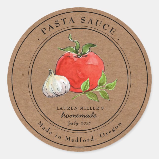 Wasserfarbe Tomatenkraut Pasta Sauce Kraft Papier Runder Aufkleber (Vorderseite)
