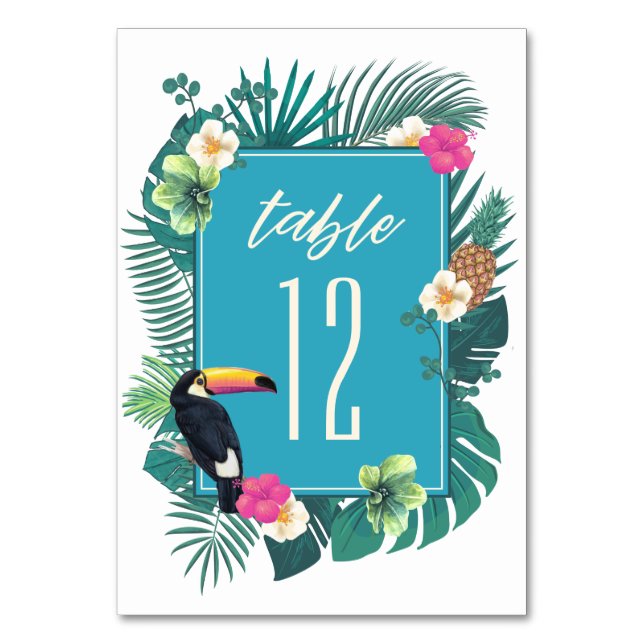 Wasserfarbe Tropisch mit Toucan Aquamarin ID577 Tischnummer (Vorderseite)