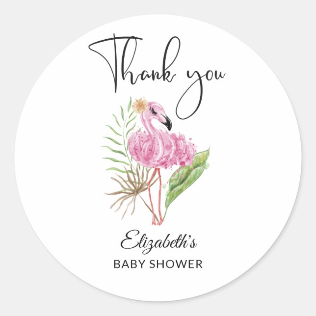 Wasserfarbe Tropisch rosa Flamingo Babydusche Runder Aufkleber (Vorderseite)