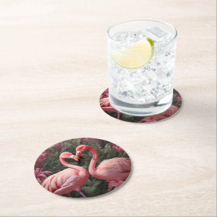 Wasserfarbe Tropisch rosa Flamingo Romance Runder Pappuntersetzer