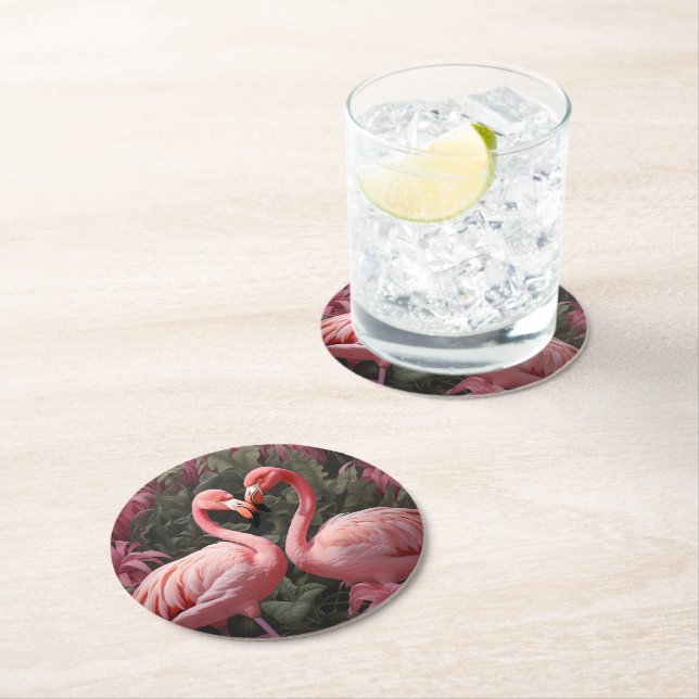 Wasserfarbe Tropisch rosa Flamingo Romance Runder Pappuntersetzer (Vor Ort)