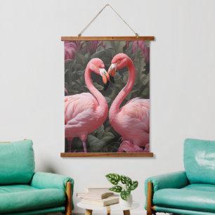 Wasserfarbe Tropisch rosa Flamingo Romance Wandteppich Mit Holzrahmen