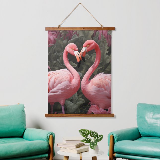 Wasserfarbe Tropisch rosa Flamingo Romance Wandteppich Mit Holzrahmen (Wohnzimmer)