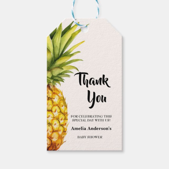 Wasserfarbe Tropische Ananas Babydusche Geschenkanhänger (Vorderseite)