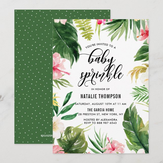Wasserfarbe tropische Blütenrahmen Baby Sprinkle Einladung (Vorne/Hinten)