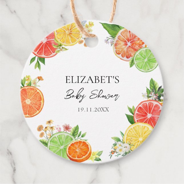 Wasserfarbe tropische Citrus Babydusche Geschenkanhänger (Vorderseite)