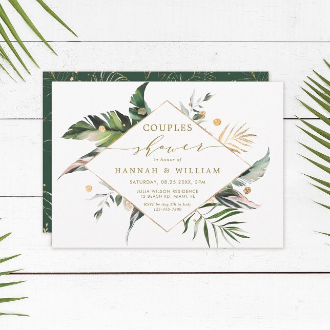 Wasserfarbe tropische Foliage Gold Paare Dusche Einladung (Von Creator hochgeladen)