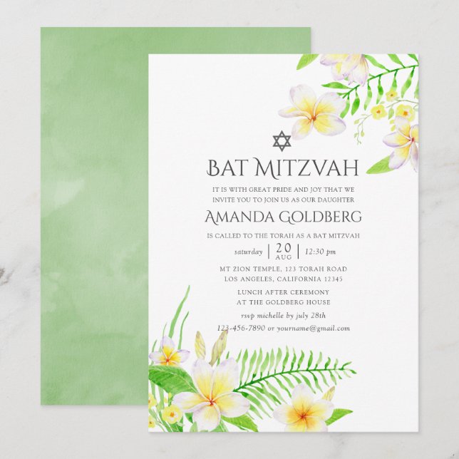 Wasserfarbe tropische Frangipani Bat Mitzvah Einladung (Vorne/Hinten)
