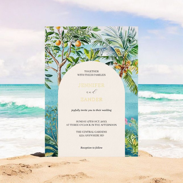 Wasserfarbe Tropische Hochzeit Boho Beach Palmen Folieneinladung (Von Creator hochgeladen)