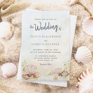 Wasserfarbe tropischer Strand Seashells Hochzeit Einladung