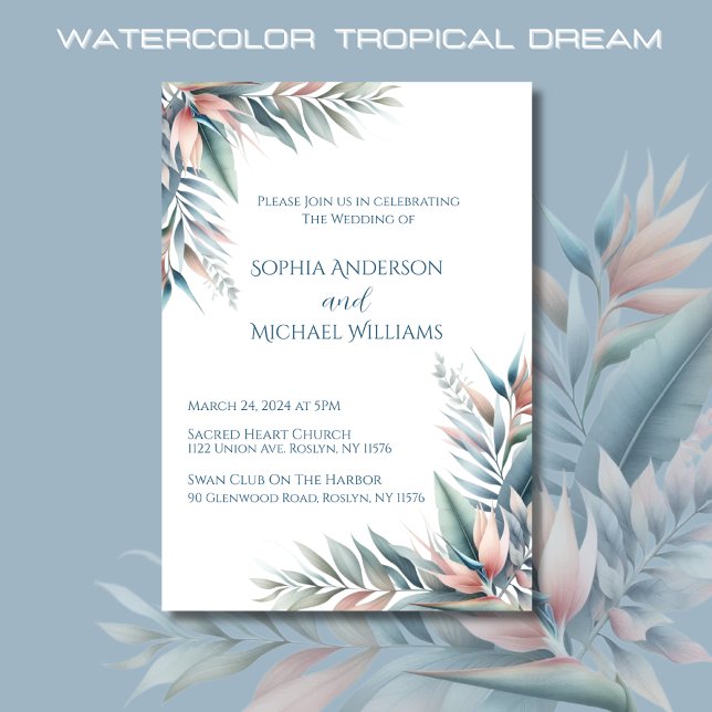 Wasserfarbe Tropischer Traum Hochzeit Einladung (Watercolor Tropical Dream Wedding Invitations-Coastal-Pastel Colors)