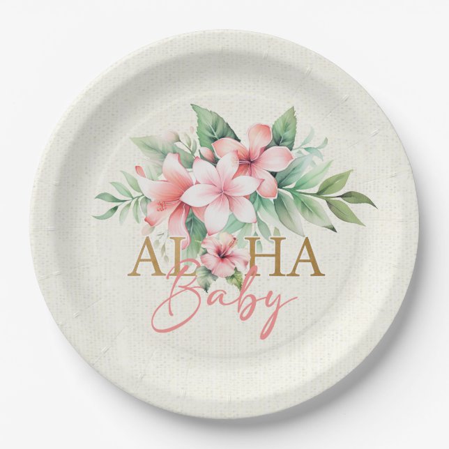 Wasserfarbe tropisches Rosa Blütendusche Aloha Bab Pappteller (Vorderseite)