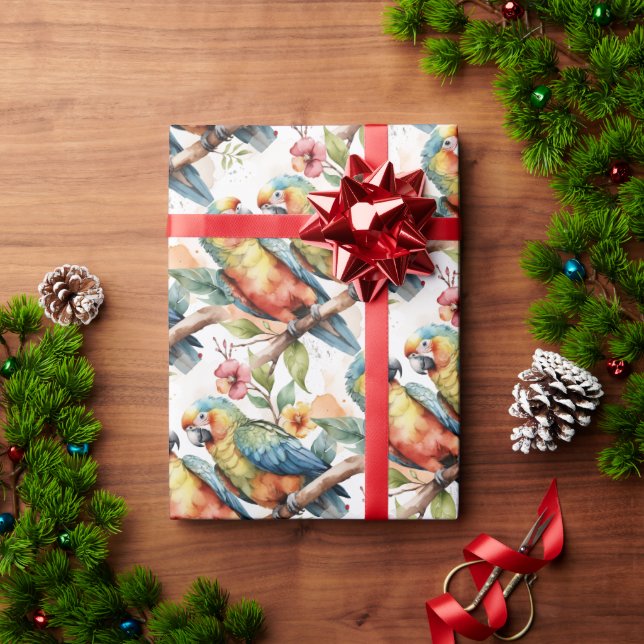 Wasserfarbe Tropisches Thema Parrot Bird Couple Geschenkpapier (Feiertagsgeschenk)