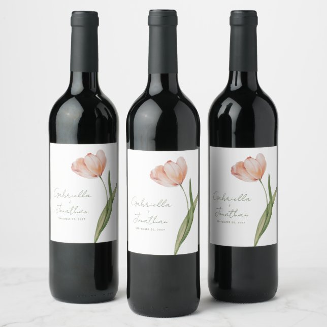 Wasserfarbe Tulip Moderne Minimalistische Hochzeit Weinetikett (Flaschen)