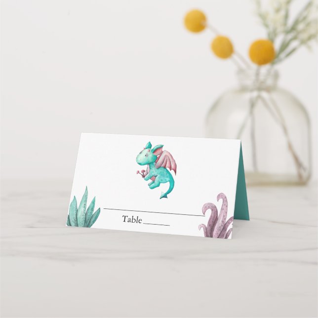 Wasserfarbe Türkis Dragon Magical Baby Dusche Platzkarte (Vorderseite)