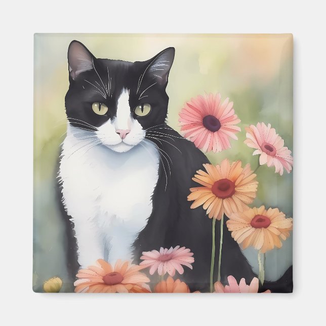 Wasserfarbe Tuxedo Katze mit Gerbera Daisy Blume Magnet (Vorne)