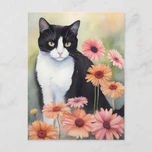 Wasserfarbe Tuxedo Katze mit Gerbera Daisy Blume Postkarte