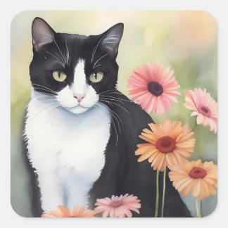 Wasserfarbe Tuxedo Katze mit Gerbera Daisy Blume Quadratischer Aufkleber