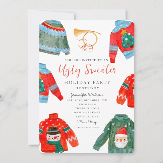 Wasserfarbe Ugly Sweater Feiertag Party Einladung (Vorderseite)