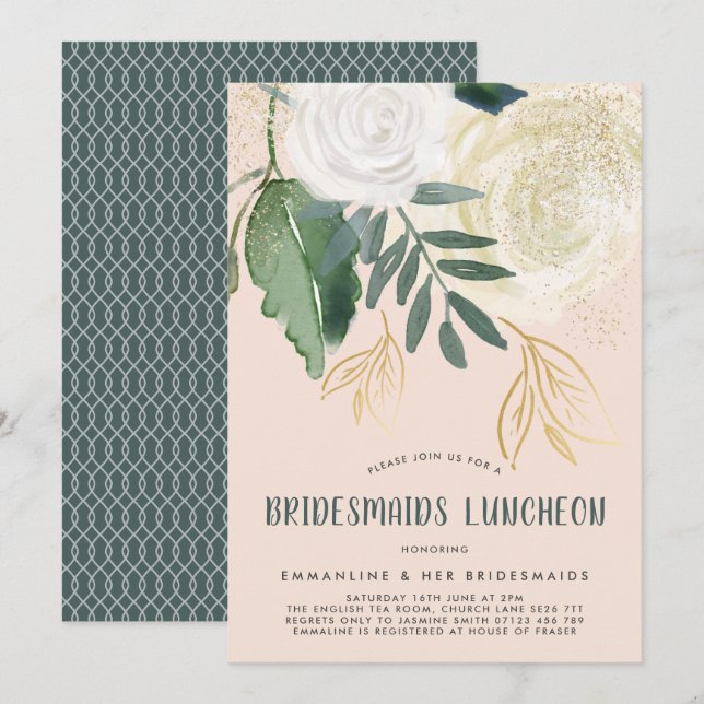 Wasserfarbe und Glitzer Rose Bridesmaids Luncheon Einladung (Vorne/Hinten)