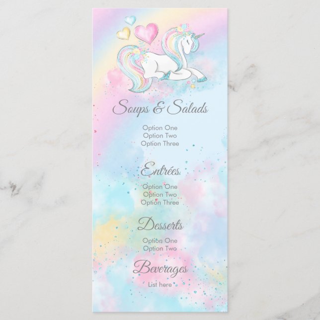 Wasserfarbe Unicorn Kinderdusche Menus Menükarte (Vorderseite)