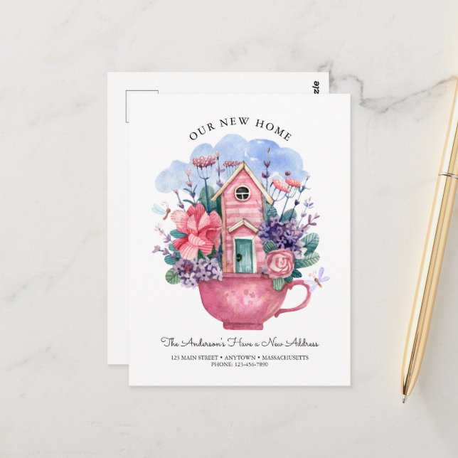 Wasserfarbe Unsere neue Zuhause Pink Tee Cup Flora Postkarte (Vorderseite/Rückseite Beispiel)