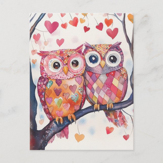 Wasserfarbe Valentine Owl Pair Postkarte (Vorderseite)