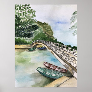 Wasserfarbe, Vietnam, Landschaft der Provinz Ninh Poster