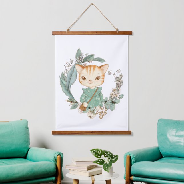 Wasserfarbe Vintag Kitty Wandteppich Mit Holzrahmen (Wohnzimmer)