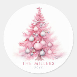 Wasserfarbe Vintag Rosa Weihnachtsbaum Moderne Runder Aufkleber