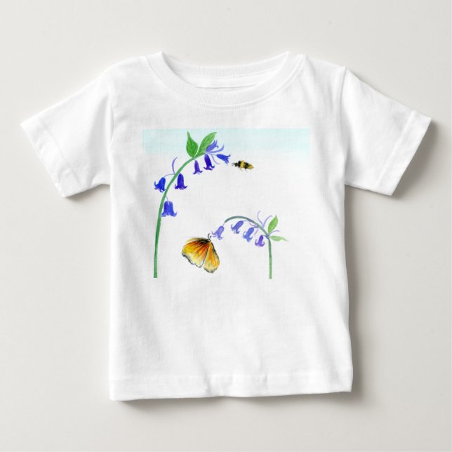 Wasserfarbe Virginia Bluebells mit Schmetterling Baby T-shirt (Vorderseite)