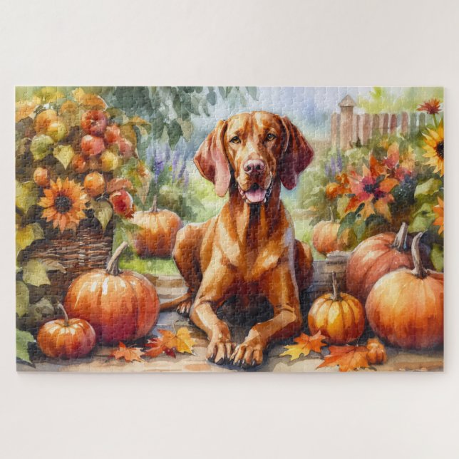 Wasserfarbe Vizsla im Herbst (Horizontal)